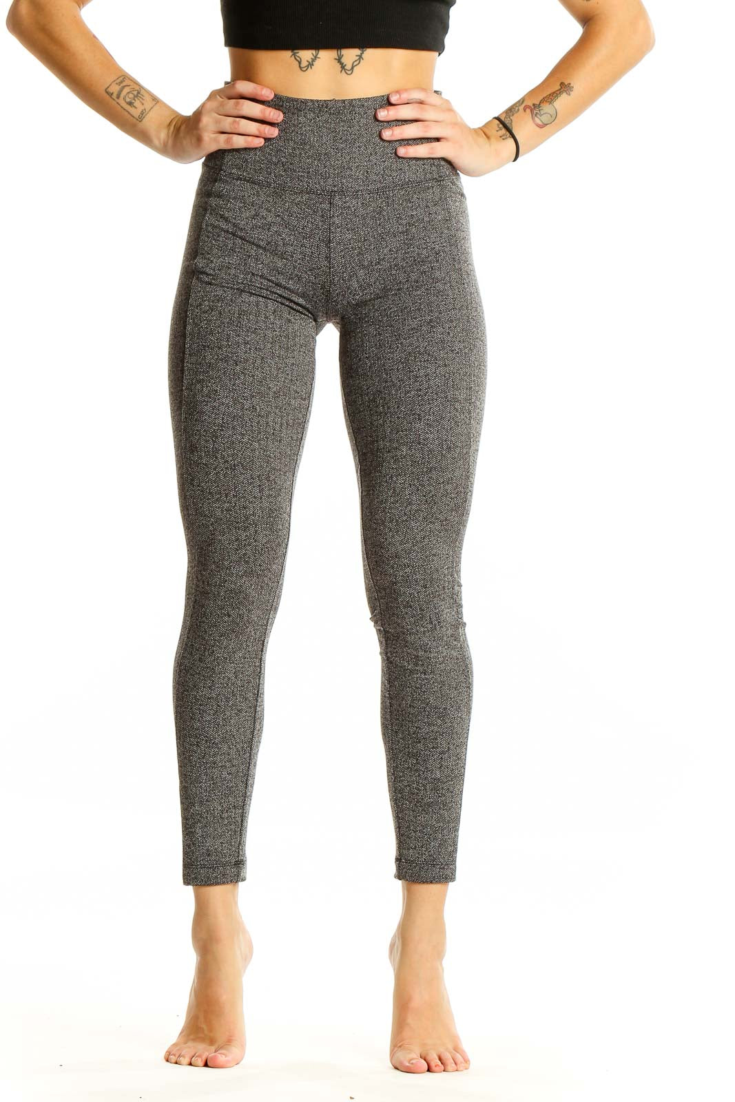 Front view of Athleta gray high-waisted performance leggings