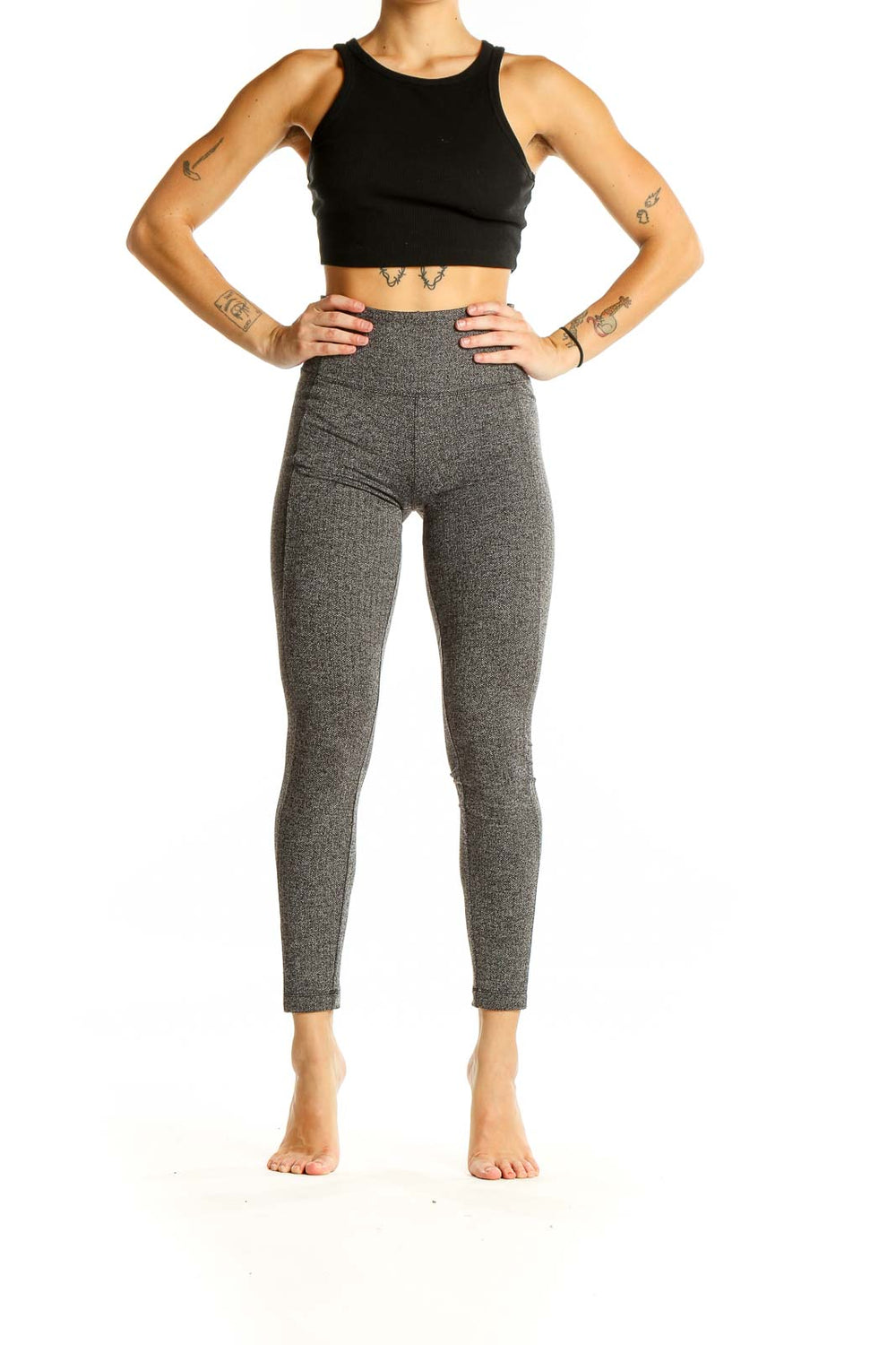 Front view of Athleta gray high-waisted performance leggings