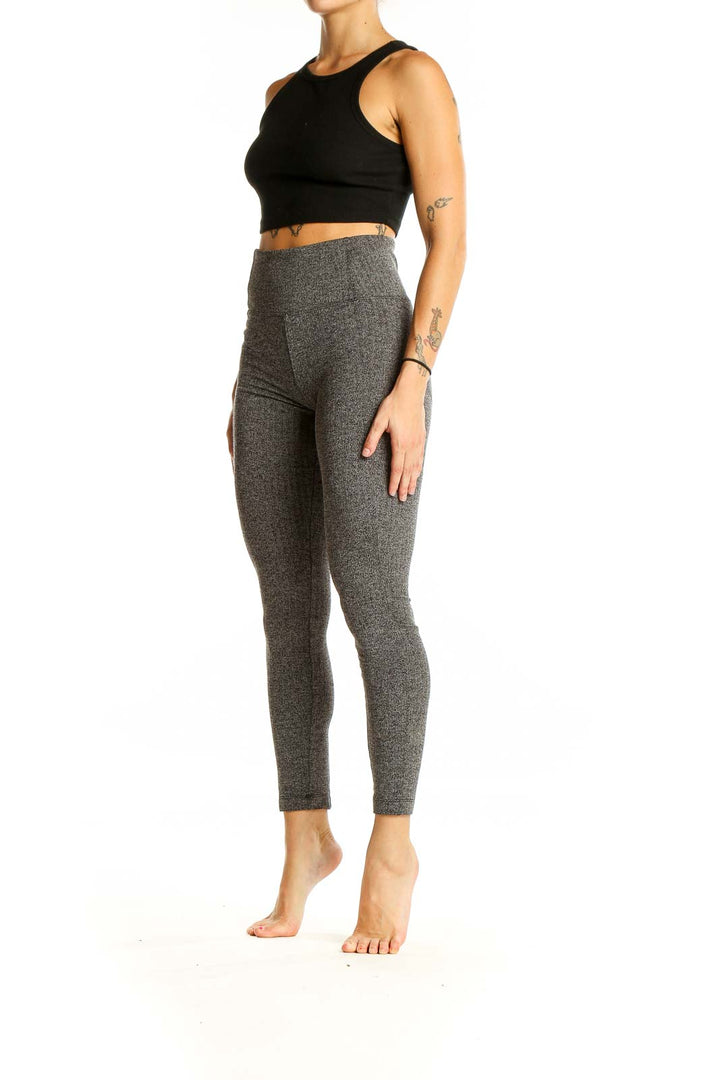 Front view of Athleta gray high-waisted performance leggings