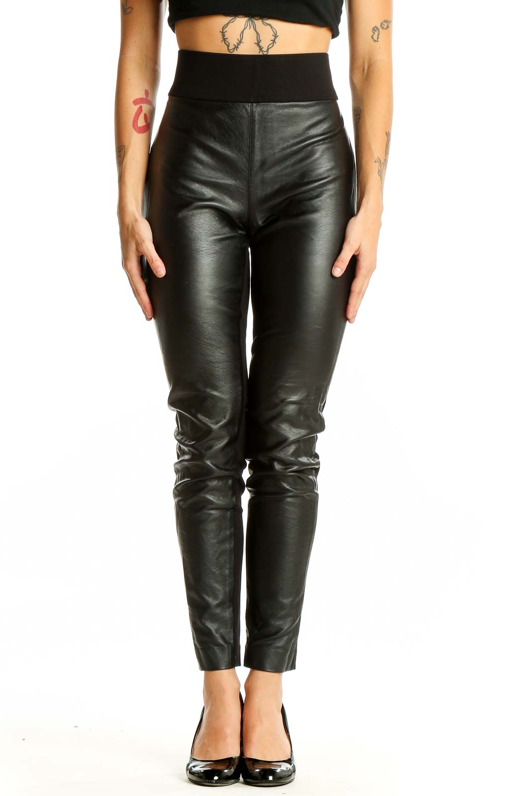 Front view of Club Monaco black high-waisted faux leather pants