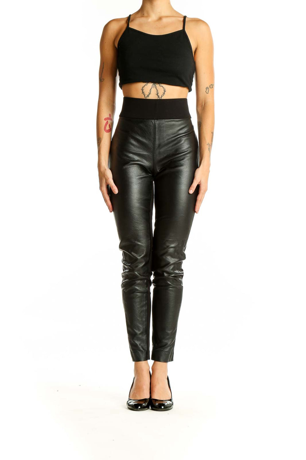 Front view of Club Monaco black high-waisted faux leather pants