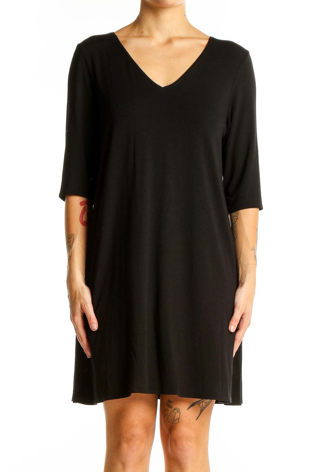 Front view of Eileen Fisher black V-neck flowy midi dress