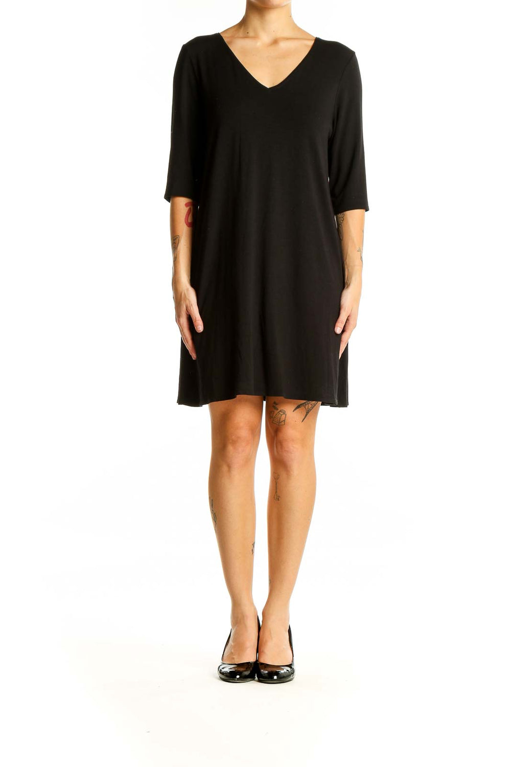 Front view of Eileen Fisher black V-neck flowy midi dress