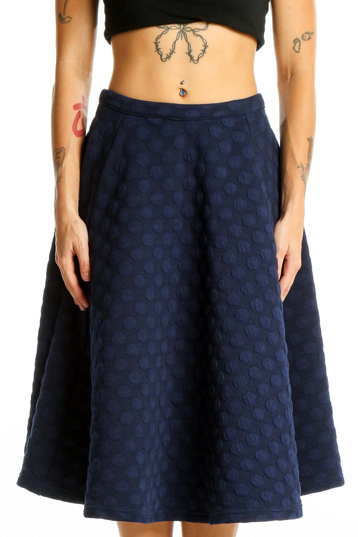 Front view of JOA Los Angeles Navy Polka Dot A-Line Midi Skirt