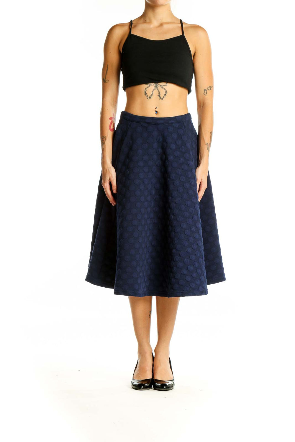 Front view of JOA Los Angeles Navy Polka Dot A-Line Midi Skirt