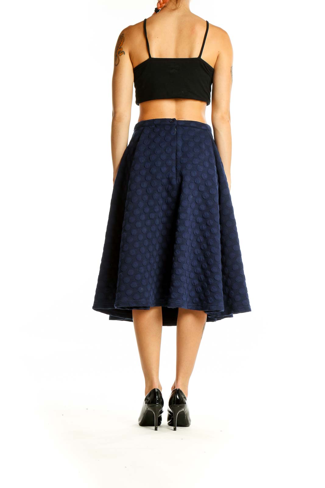 Back view of JOA Los Angeles Navy Polka Dot A-Line Midi Skirt