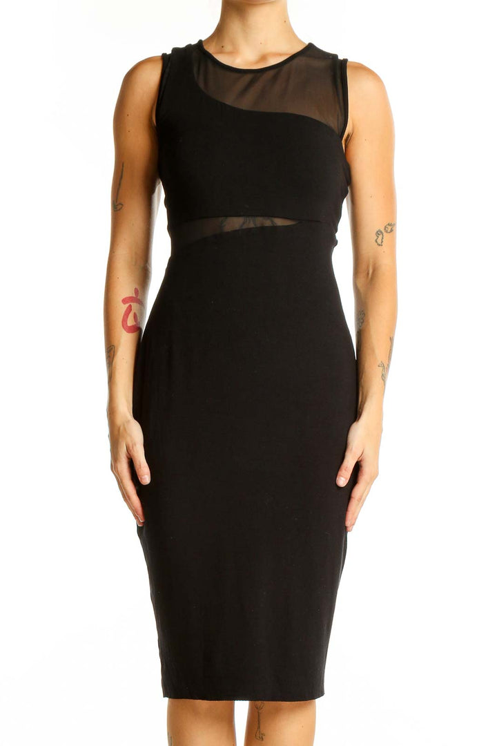 Front view of Bailey 44 black bodycon midi dress with sheer mesh panels