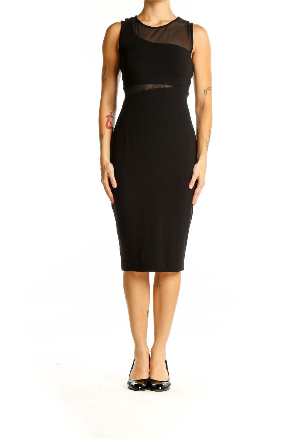 Front view of Bailey 44 black bodycon midi dress with sheer mesh panels