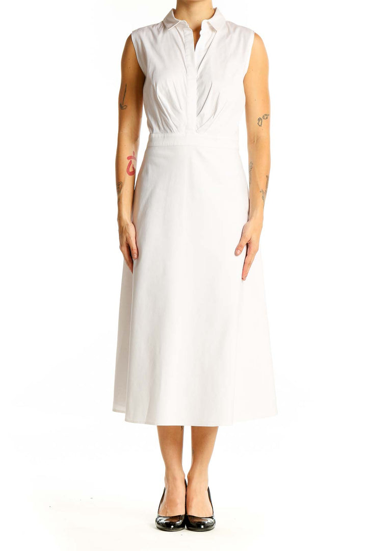 Front view of Lafayette 148 New York white sleeveless midi dress with wrap-style bodice