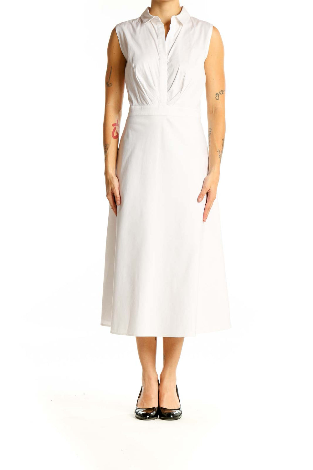 Front view of Lafayette 148 New York white sleeveless midi dress with wrap-style bodice