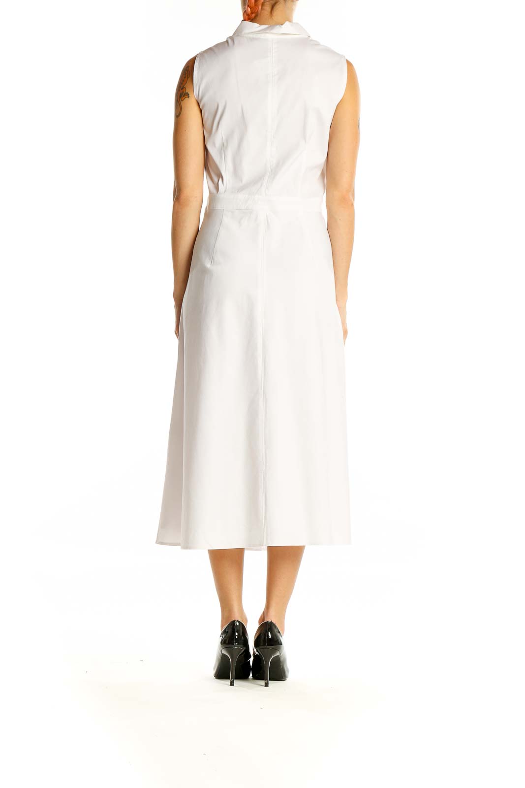 Back view of Lafayette 148 New York white sleeveless midi dress showing A-line skirt