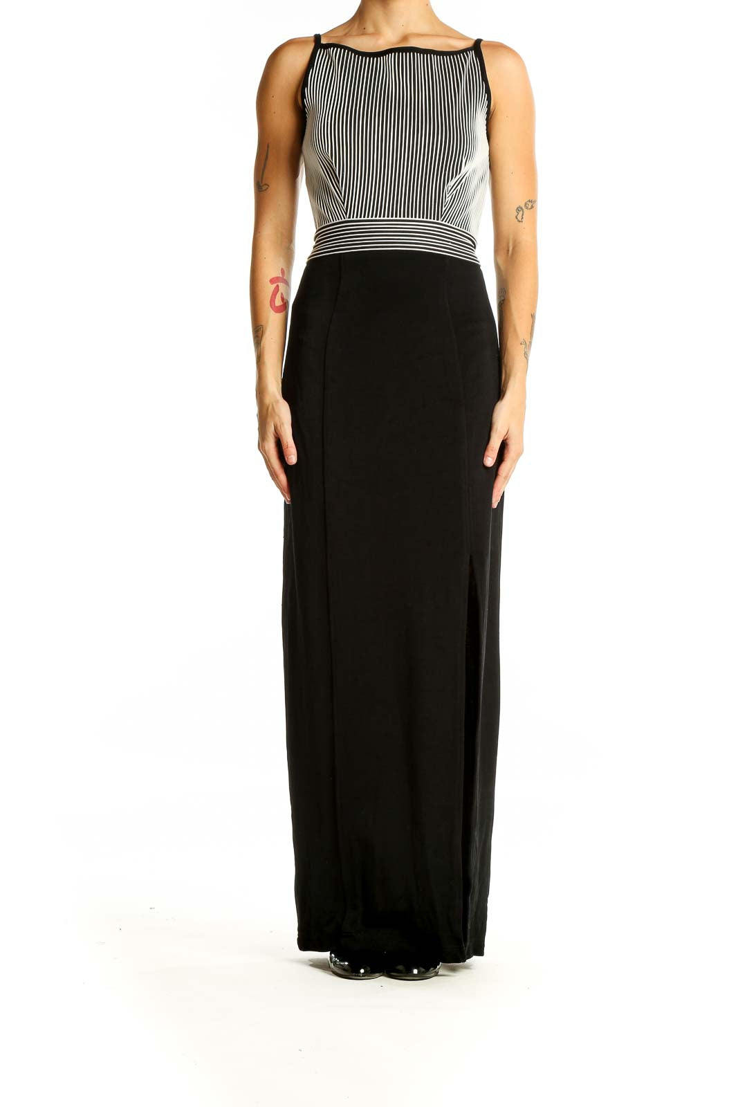 Front view of Tadashi black and white striped maxi dress with fitted bodice