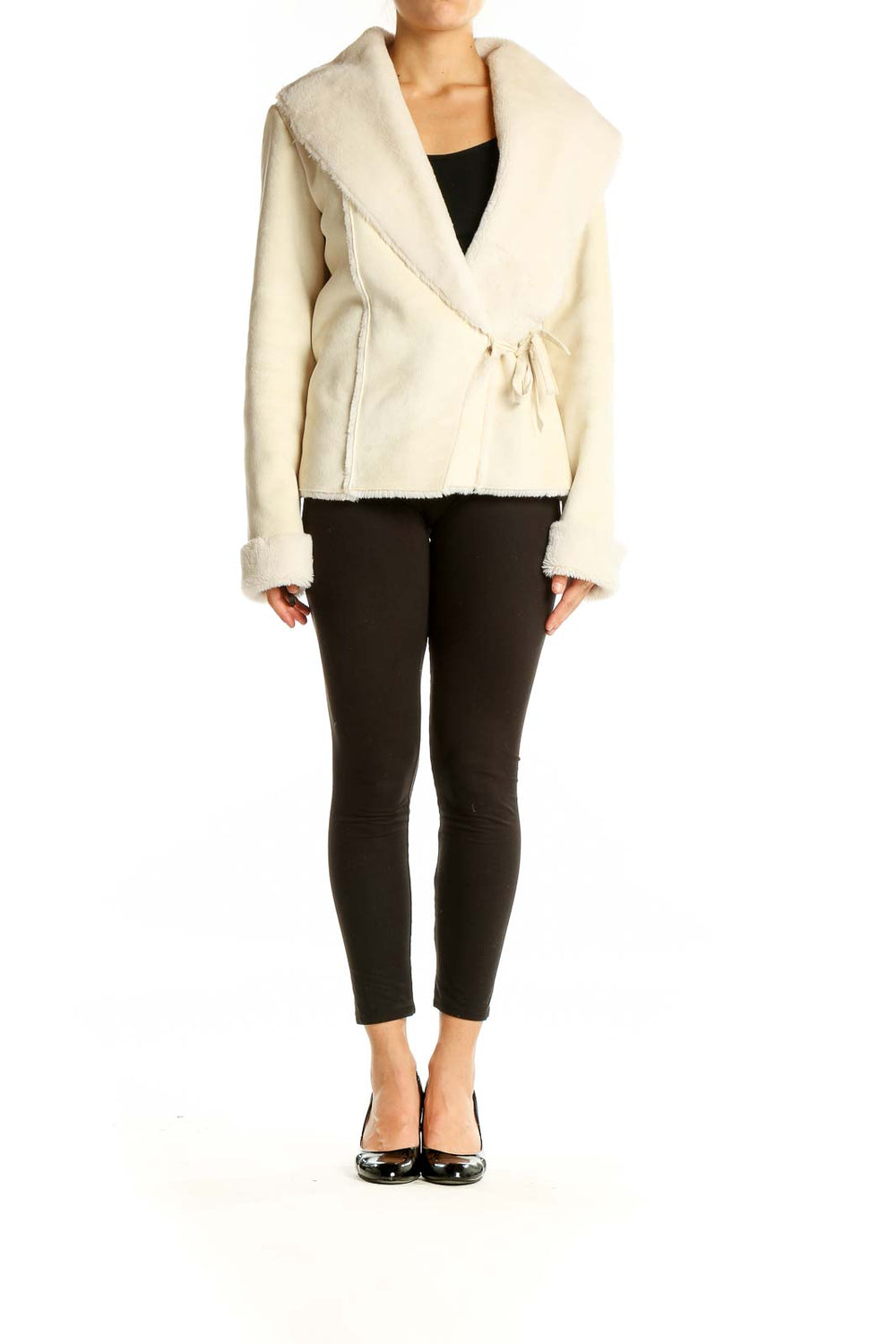 Front view of cream wrap jacket with faux fur collar from White House Black Market