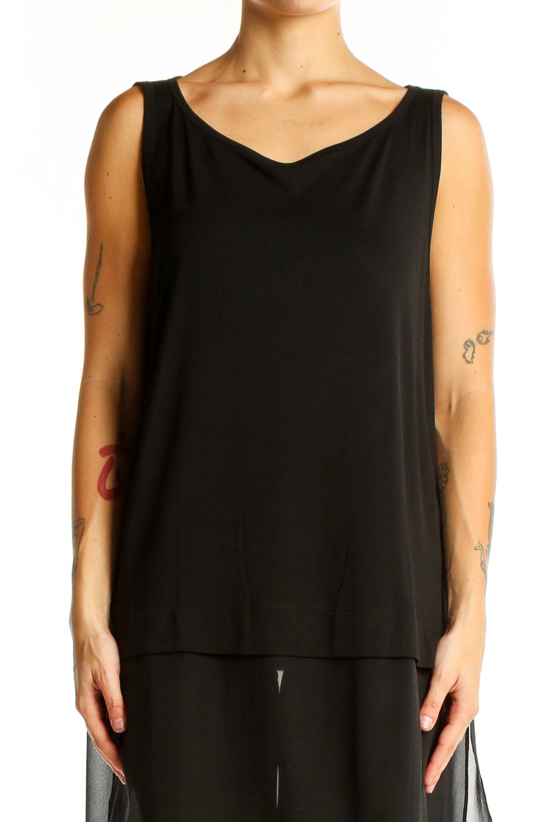 Front view of Eileen Fisher black silk V-neck sleeveless tunic with sheer bottom panel