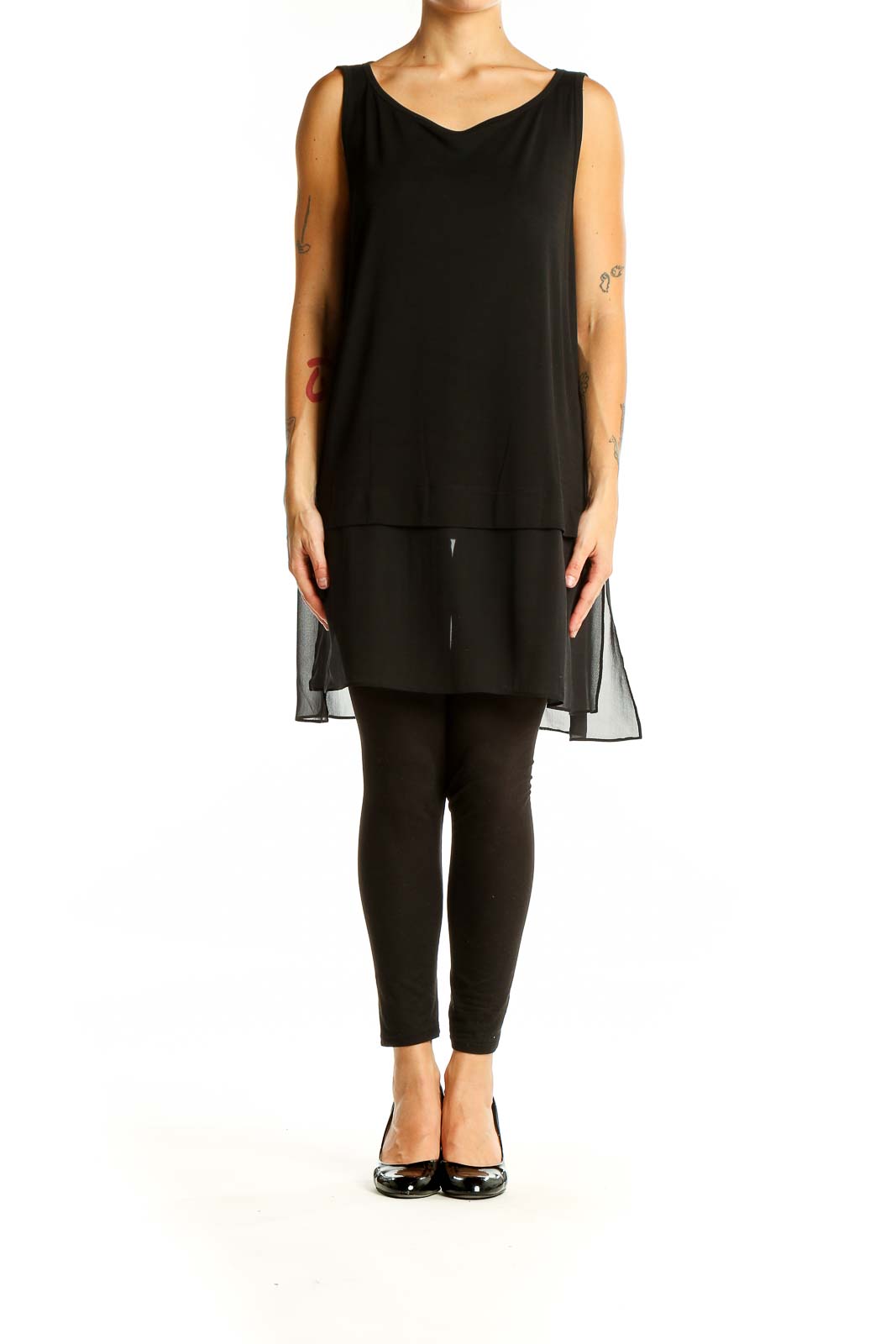 Front view of Eileen Fisher black silk V-neck sleeveless tunic with sheer bottom panel