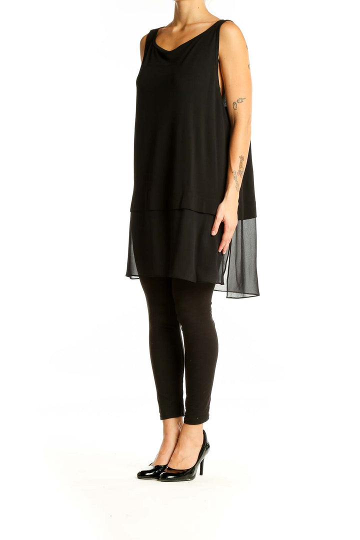 Front view of Eileen Fisher black silk V-neck sleeveless tunic with sheer bottom panel