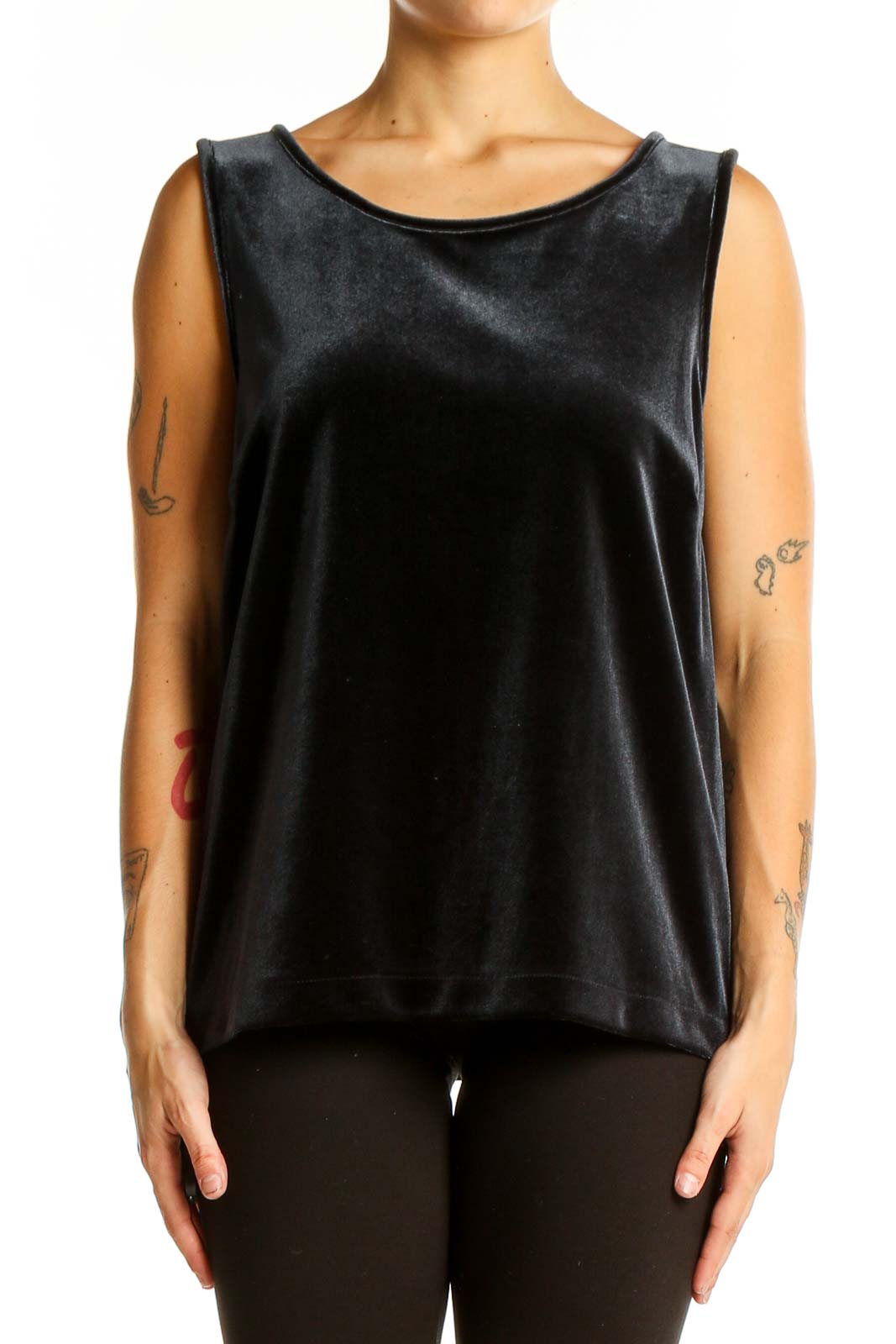 Front view of black velvet sleeveless tank top from vineyard vines