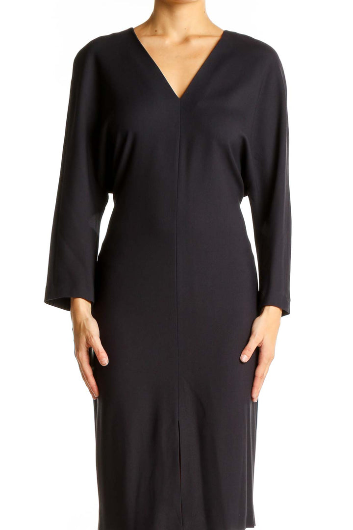 Front view of Massimo Dutti black V-neck midi dress