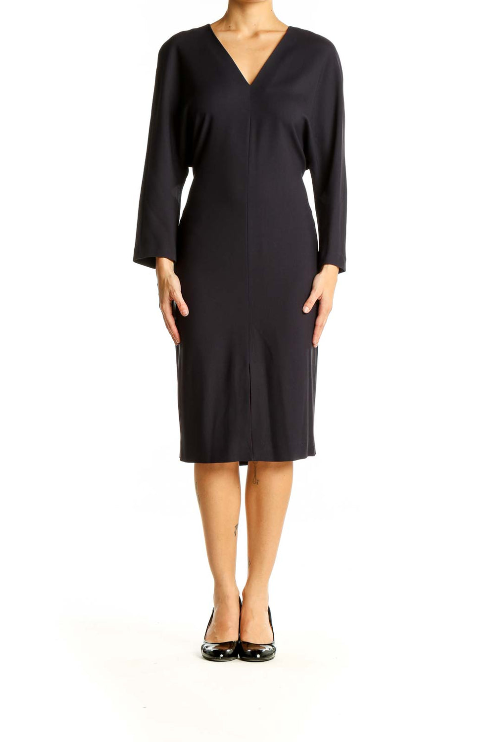 Front view of Massimo Dutti black V-neck midi dress