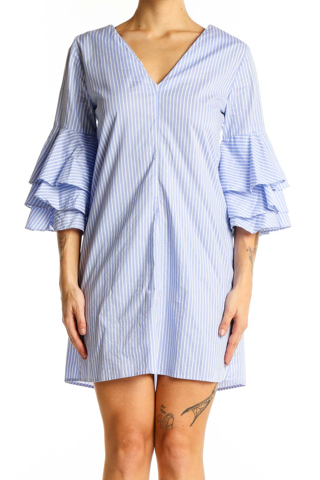 Front view of Zara Basic blue and white striped mini dress with ruffle sleeves