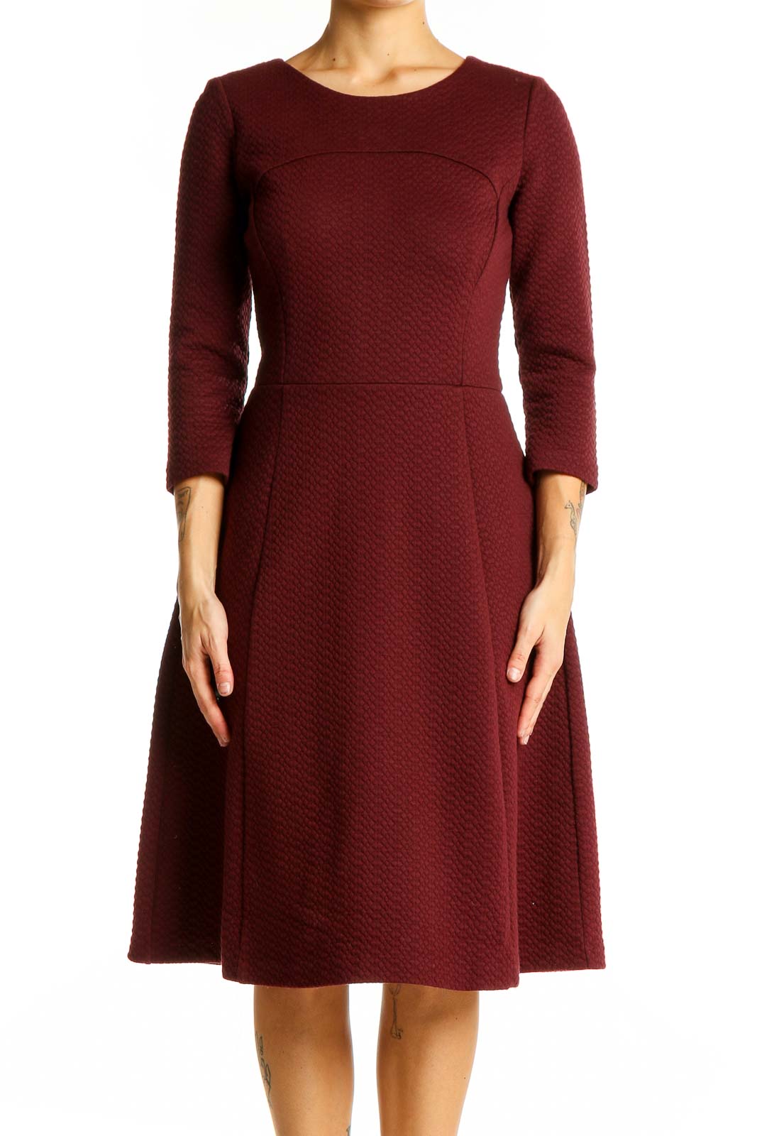 Front view of burgundy Boden fit-and-flare midi dress with textured fabric