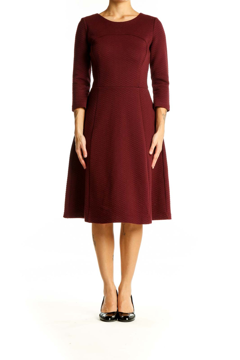 Front view of burgundy Boden fit-and-flare midi dress with textured fabric