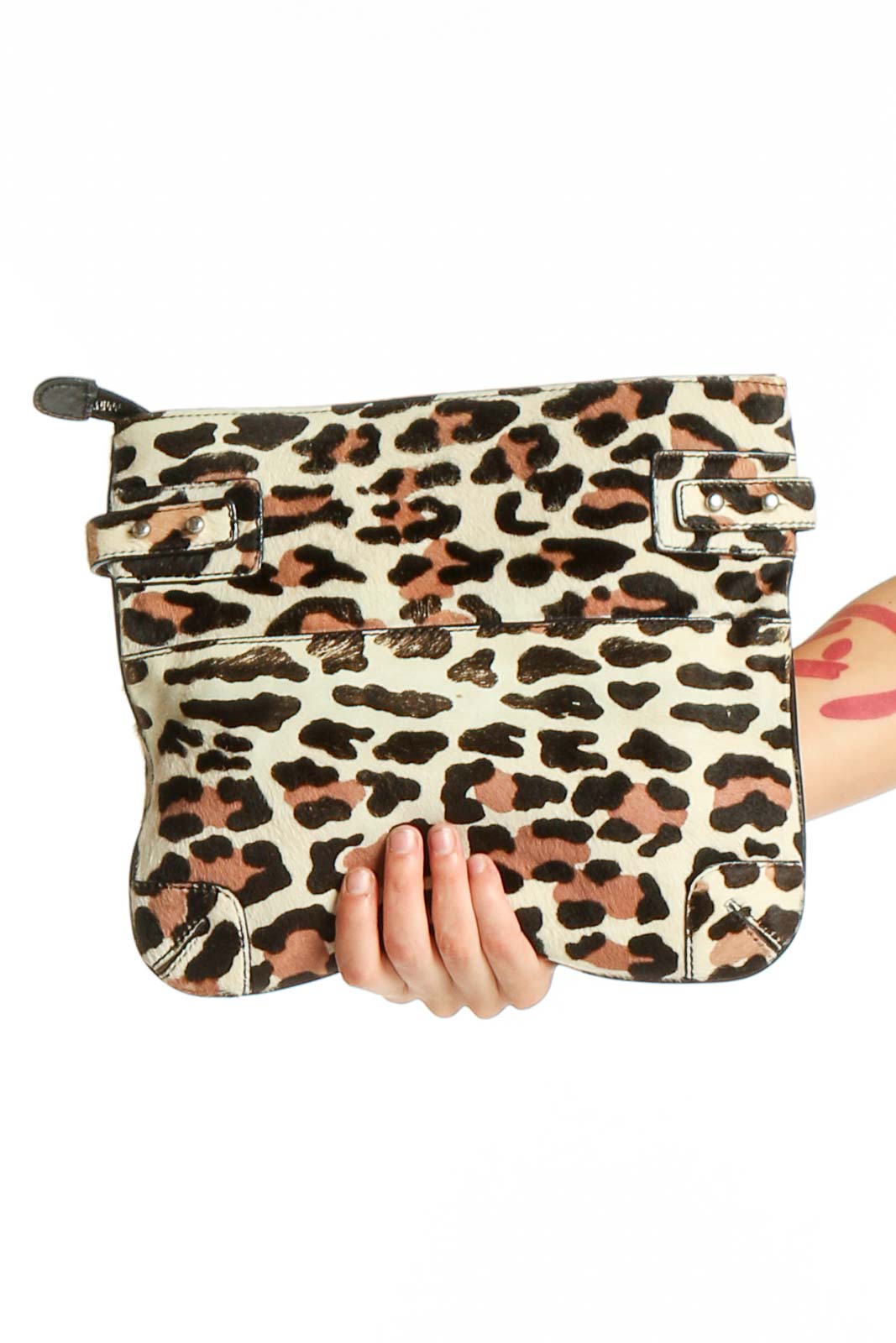 Front view of Club Monaco leopard print leather clutch