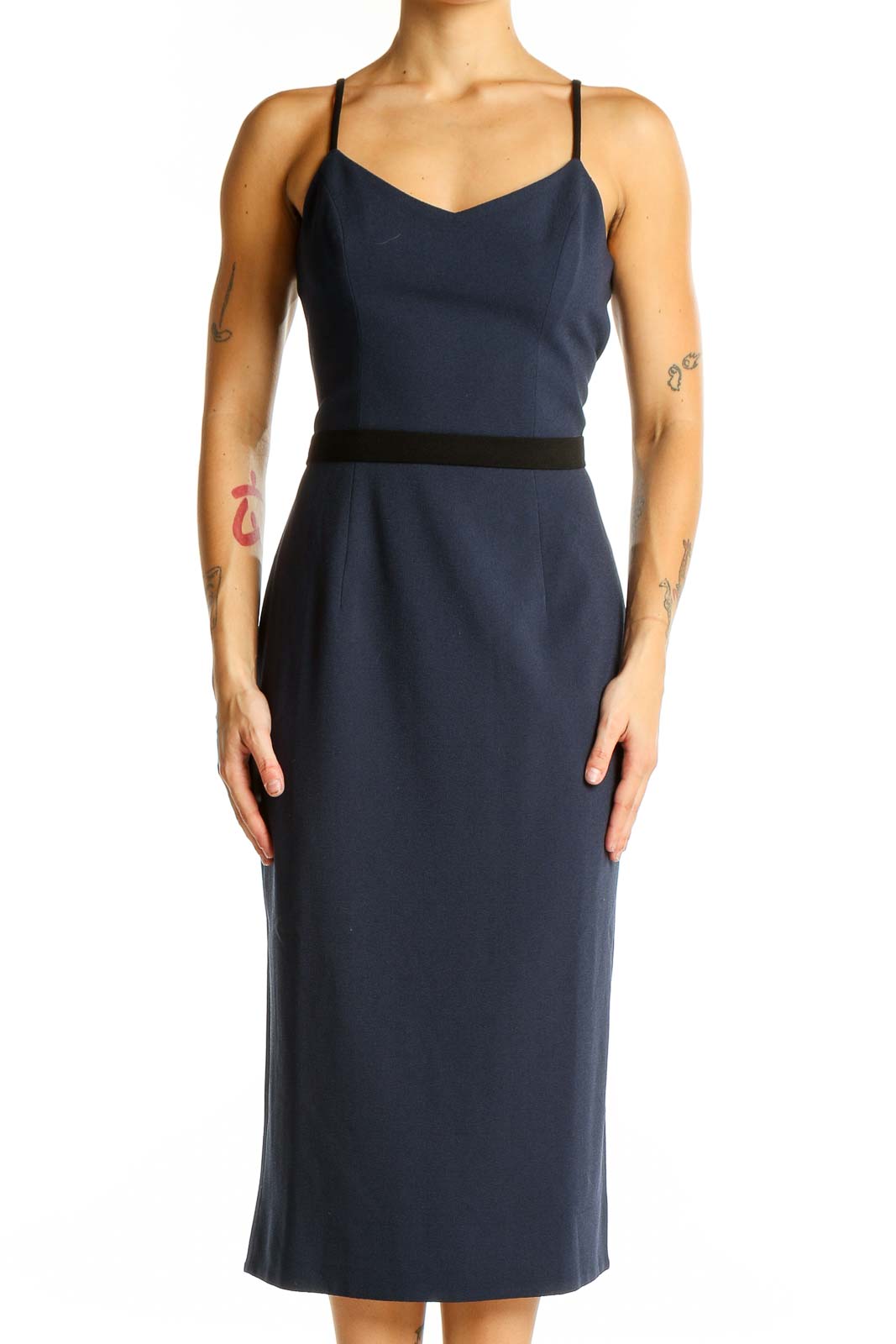 Front view of navy blue Dress the Population midi dress with spaghetti straps