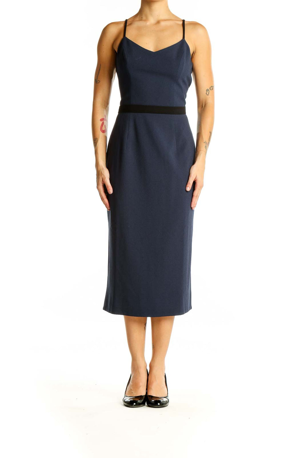 Front view of navy blue Dress the Population midi dress with spaghetti straps