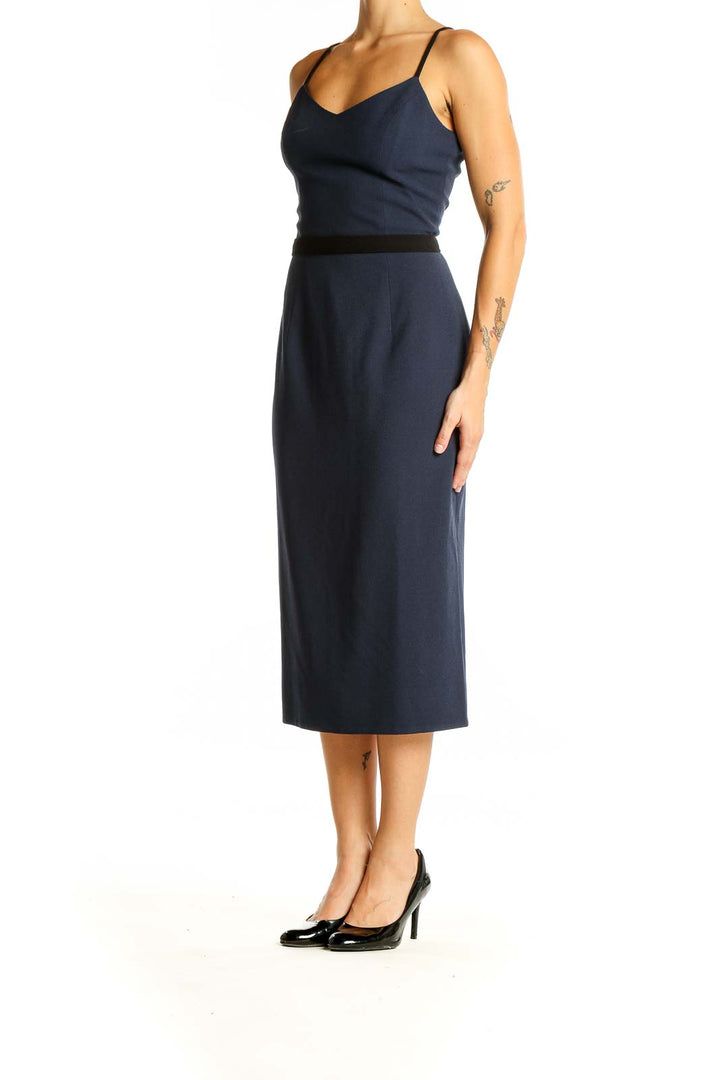 Front view of navy blue Dress the Population midi dress with spaghetti straps