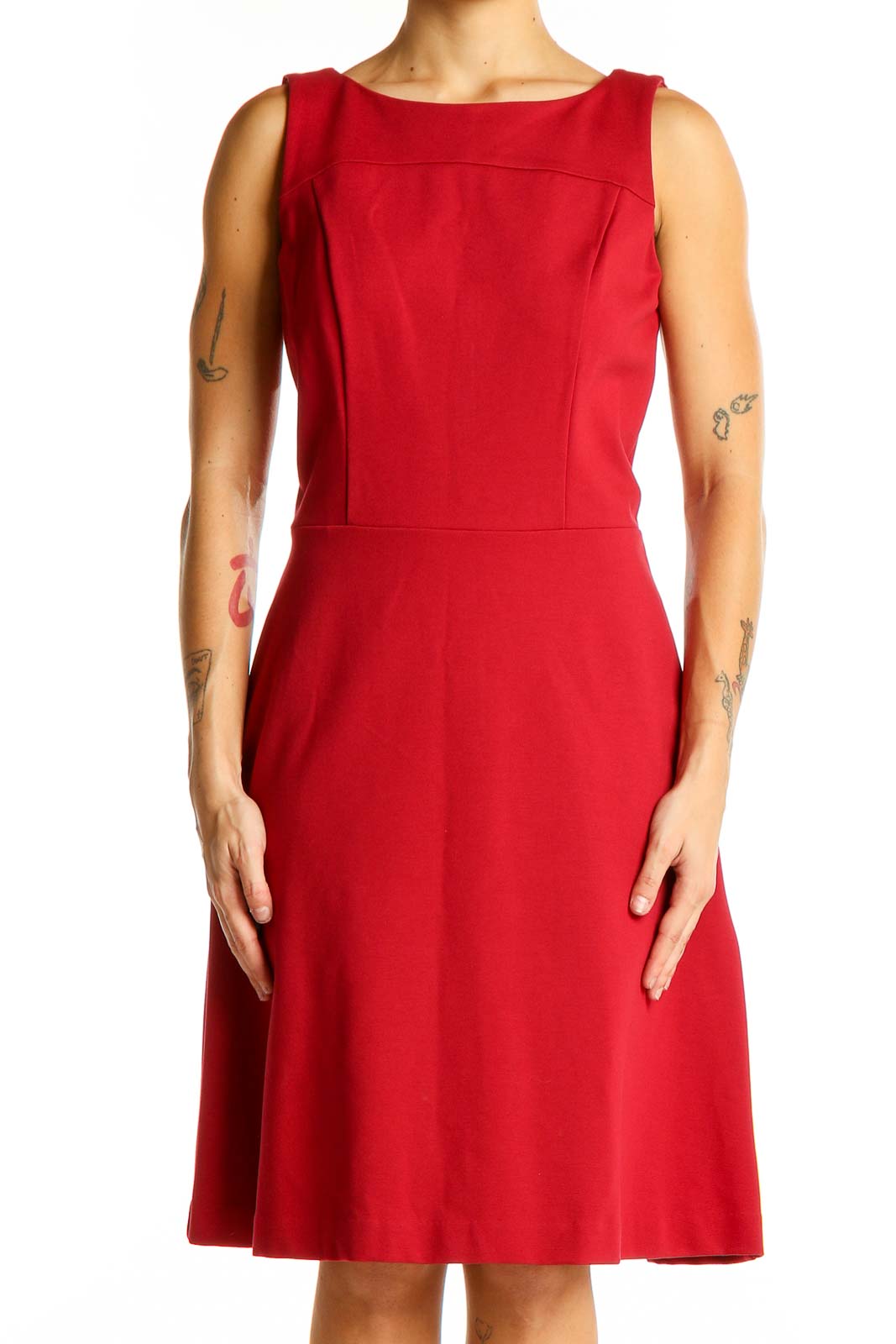 Front view of red sleeveless A-line cocktail dress by Brooks Brothers