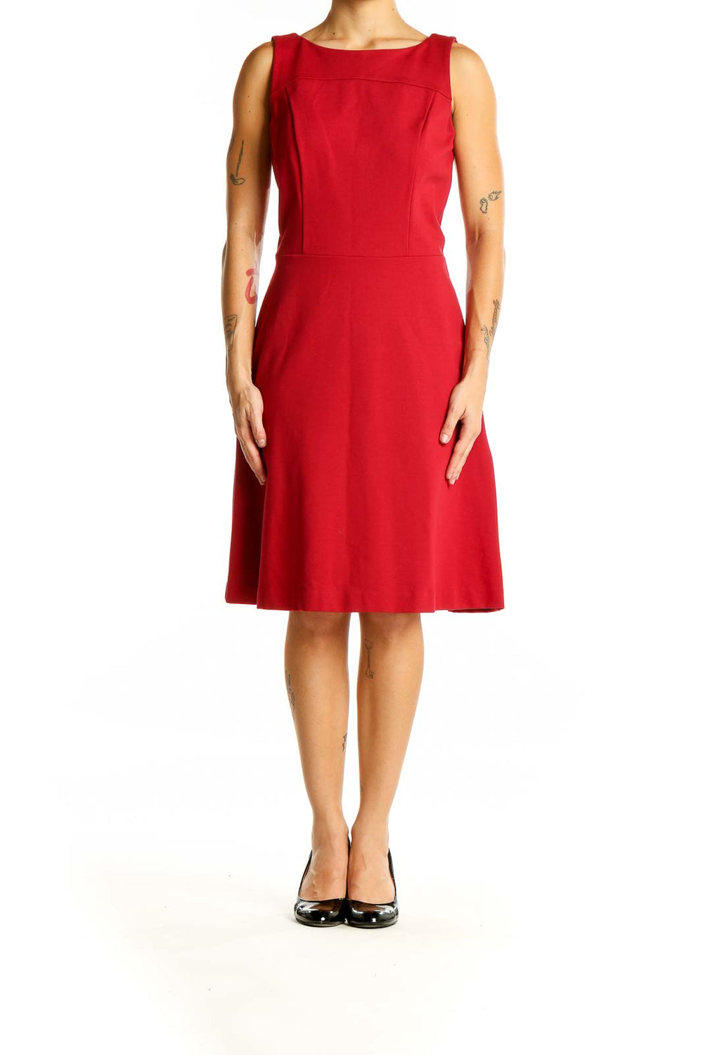 Front view of red sleeveless A-line cocktail dress by Brooks Brothers