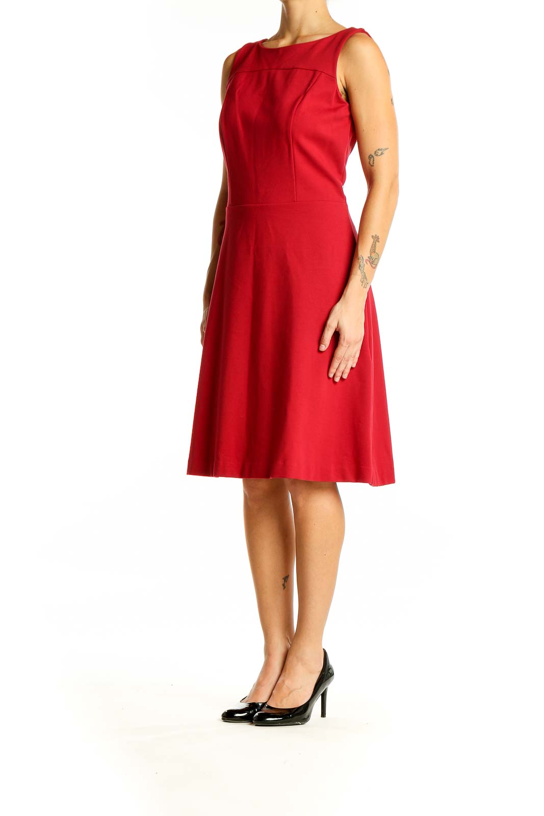 Front view of red sleeveless A-line cocktail dress by Brooks Brothers