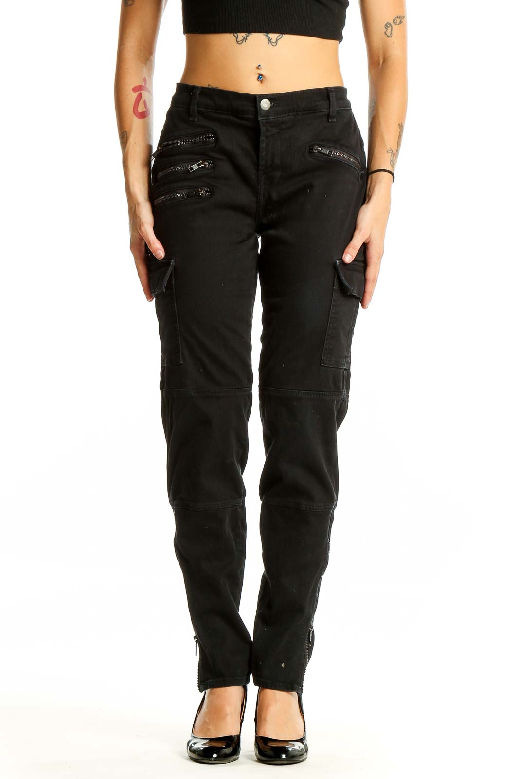 Front view of black J Brand cargo denim jeans with zipper pockets