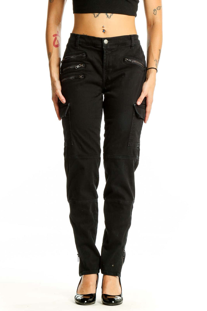 Front view of black J Brand cargo denim jeans with zipper pockets