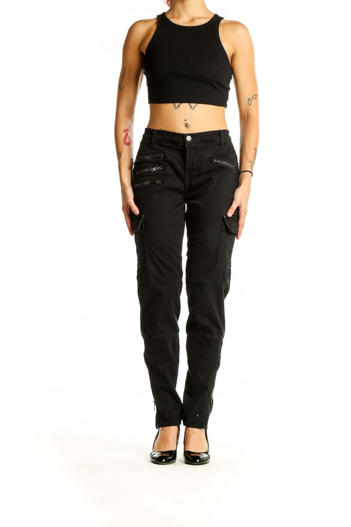 Front view of black J Brand cargo denim jeans with zipper pockets