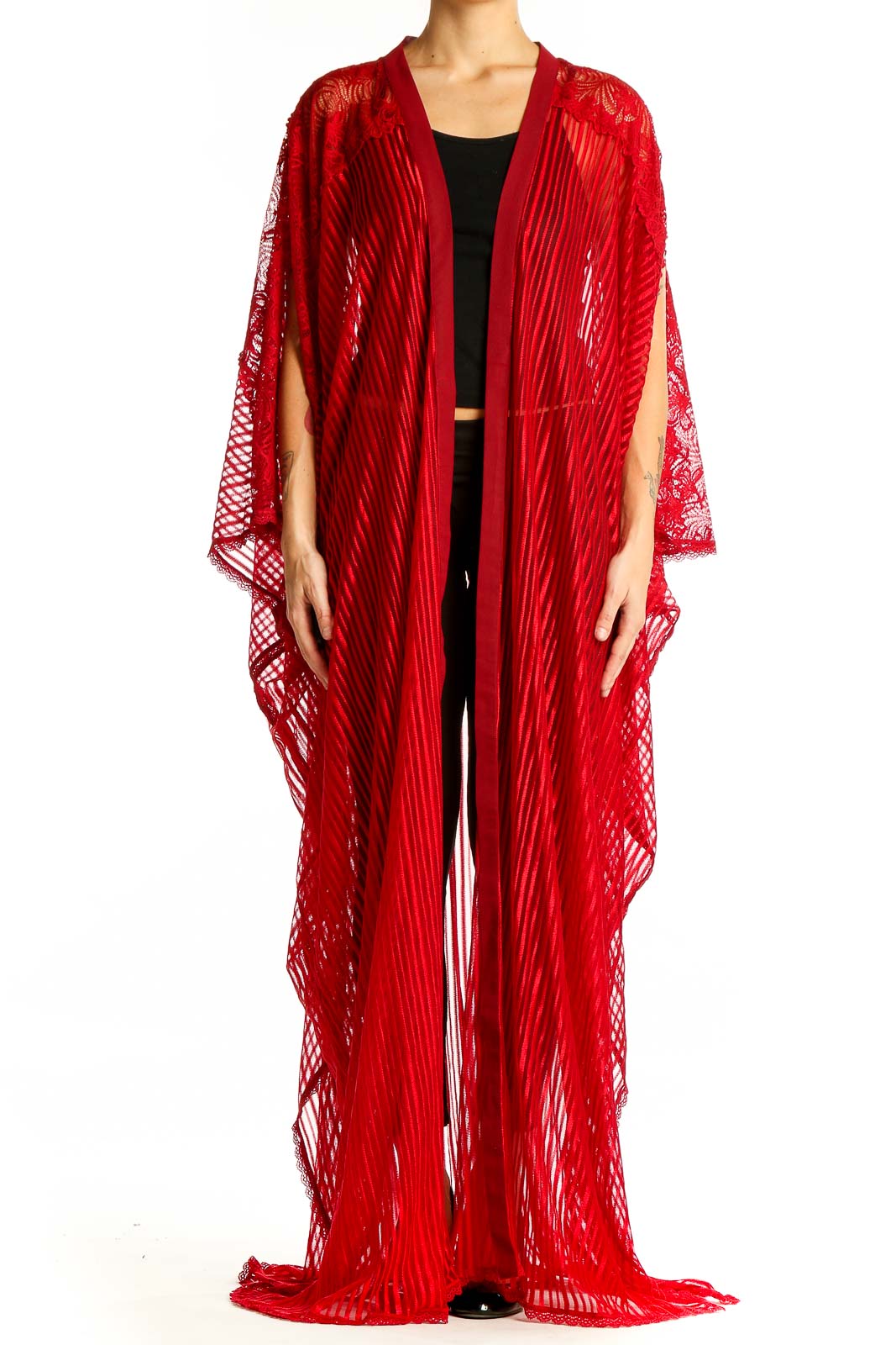 Front view of Anya Lust red lace floral maxi robe with open front and wide sleeves