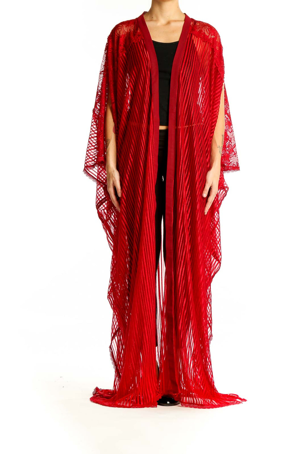 Front view of Anya Lust red lace floral maxi robe with open front and wide sleeves