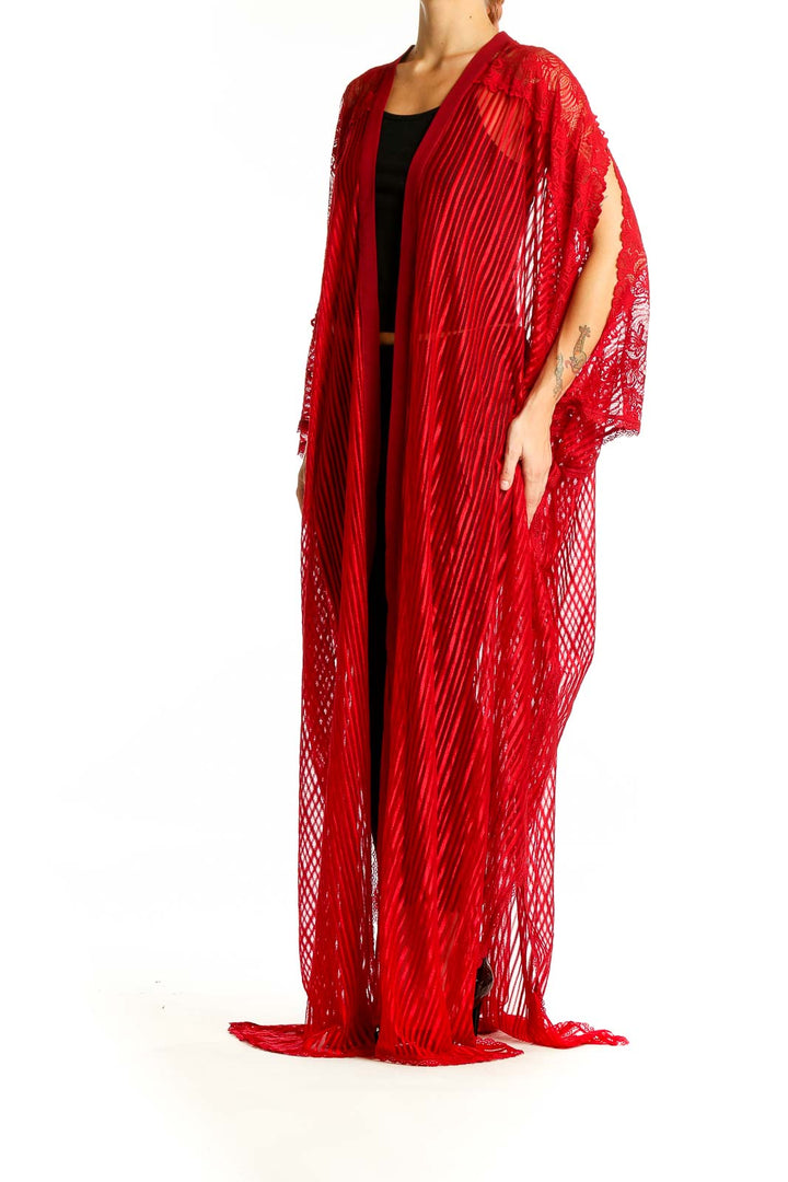 Front view of Anya Lust red lace floral maxi robe with open front and wide sleeves