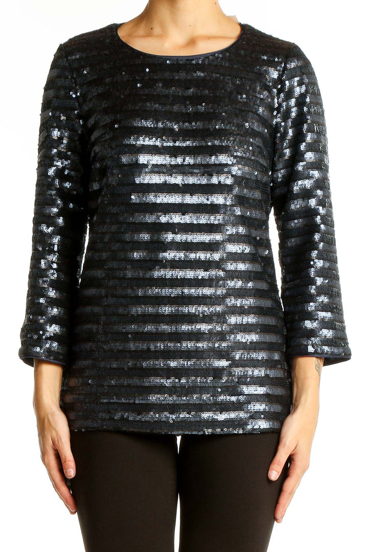 Front view of black sequin striped long sleeve top from Boden