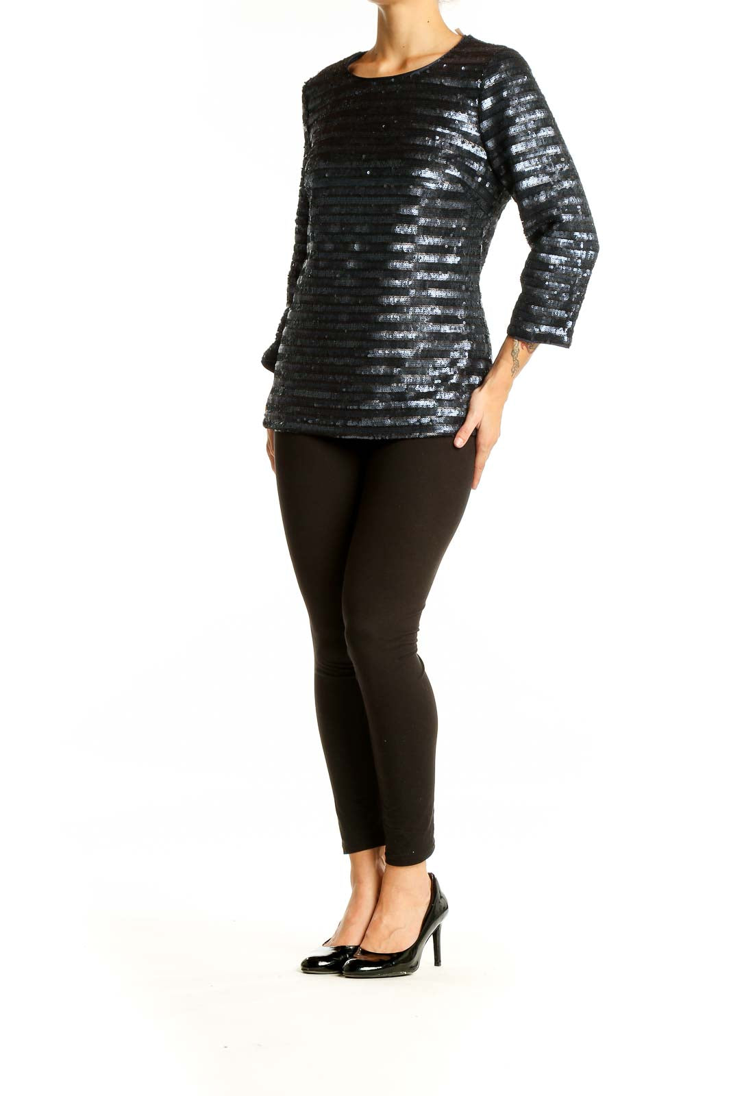 Front view of black sequin striped long sleeve top from Boden