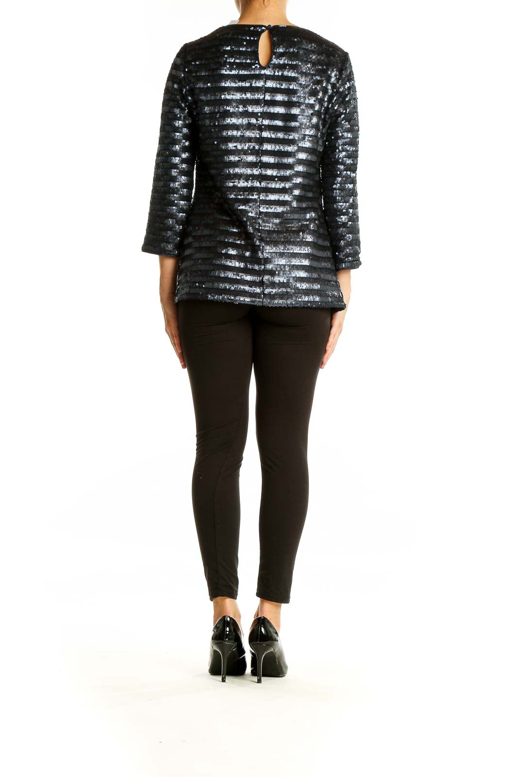 Back view of black sequin striped long sleeve top from Boden showing keyhole closure