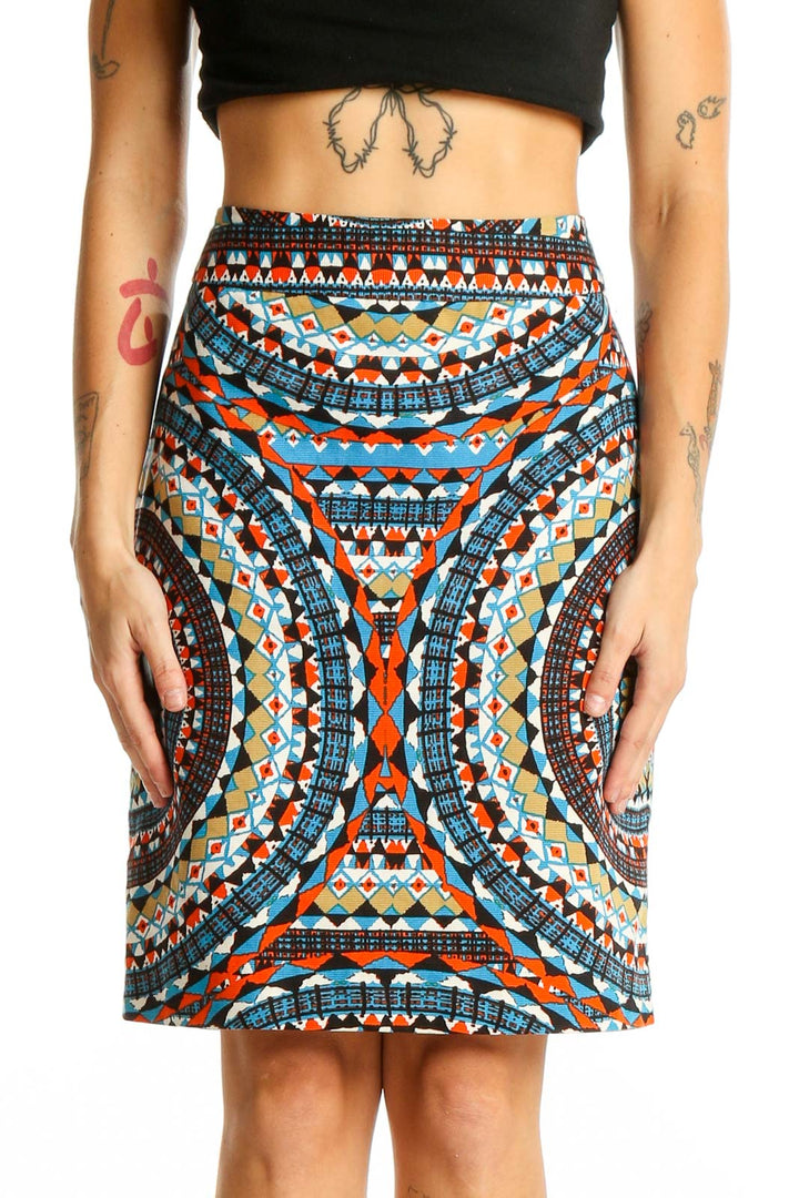 Front view of Tabitha multicolor geometric print cotton skirt