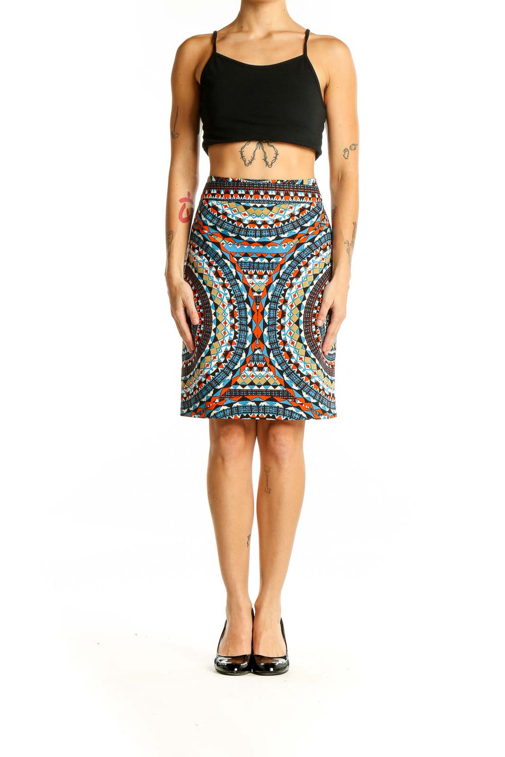 Front view of Tabitha multicolor geometric print cotton skirt