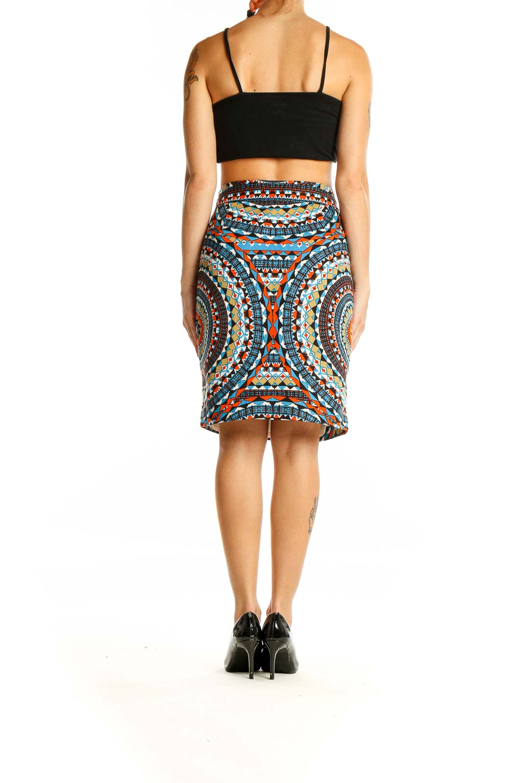 Back view of Tabitha multicolor geometric print cotton skirt