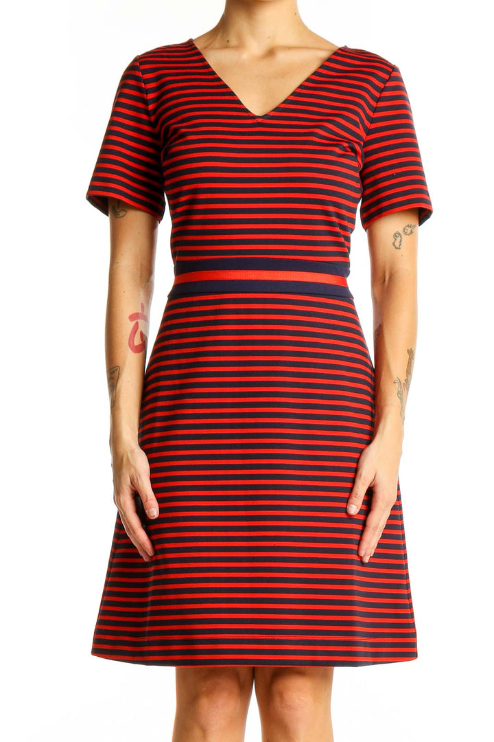 Front view of Draper James red and navy striped V-neck dress