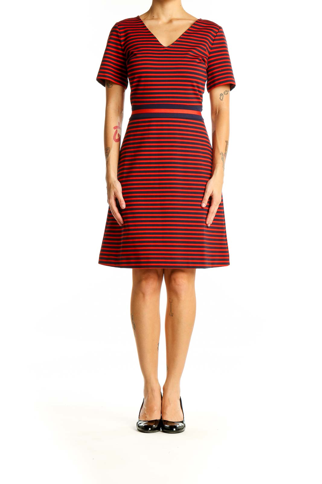 Front view of Draper James red and navy striped V-neck dress