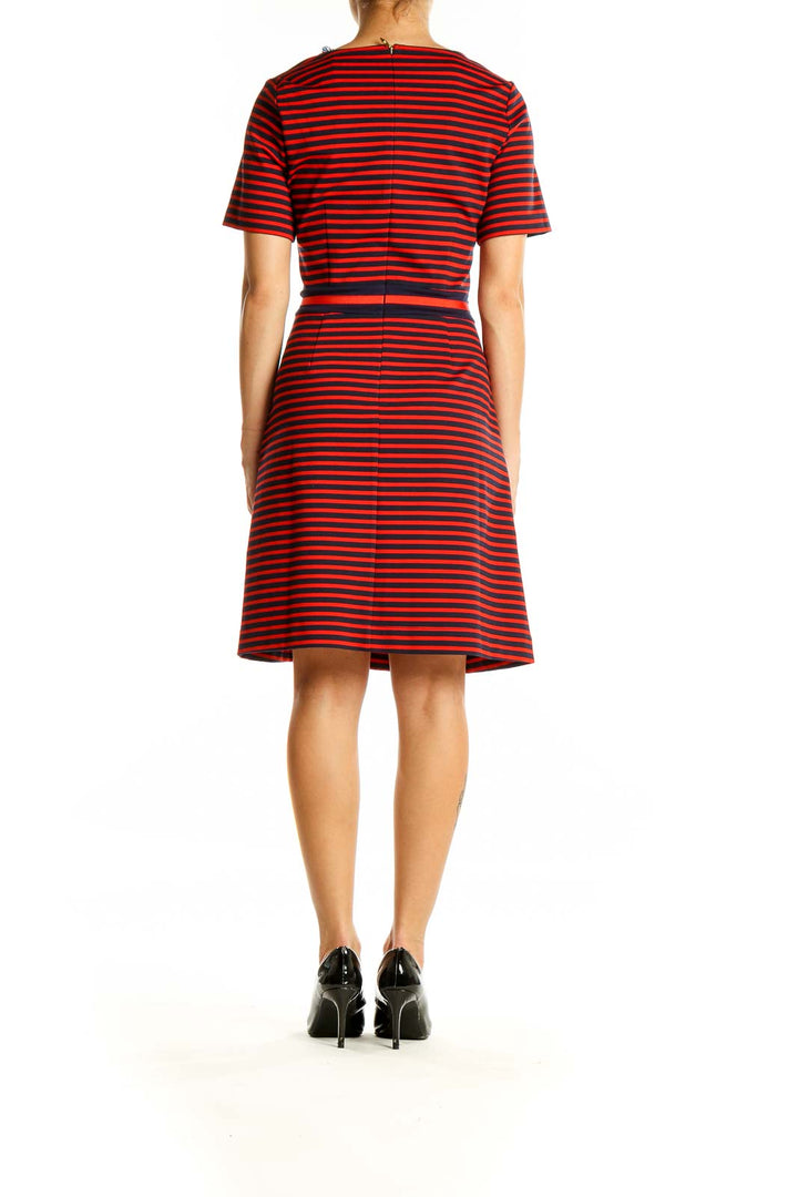 Back view of Draper James red and navy striped V-neck dress