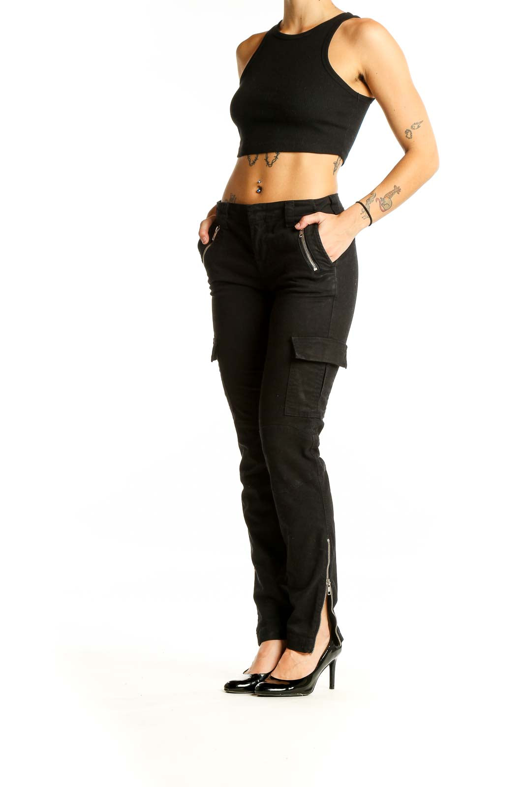 Front view of J Brand black cargo denim jeans with zipper pockets