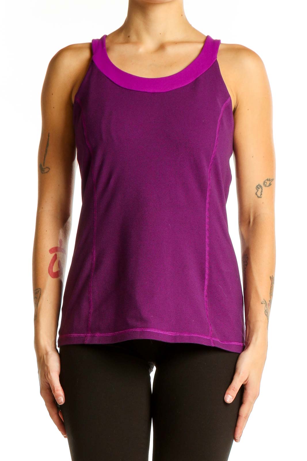 Front view of purple Lululemon tank top with scoop neckline